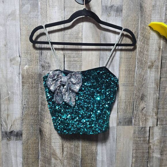 Love On A Hanger Crop Top Small Green Sequin Bow Spaghetti Strap Sparkly Party - Picture 1 of 5